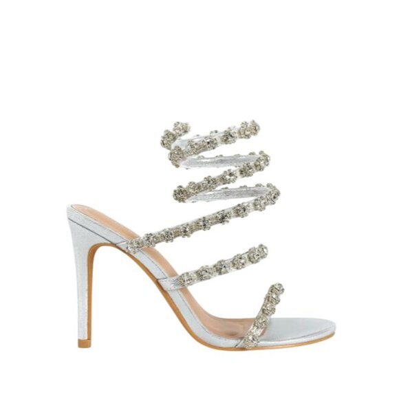 Azalea Wang Metallic Silver Rhinestone Embellished Spiral Stiletto Sandals - Picture 1 of 15